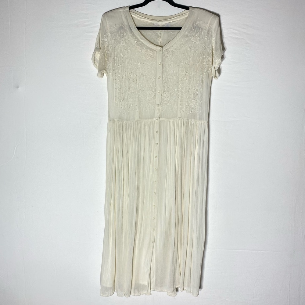 Vintage 90s Fairset Cream Short Sleeve Button Front Maxi Dress M
